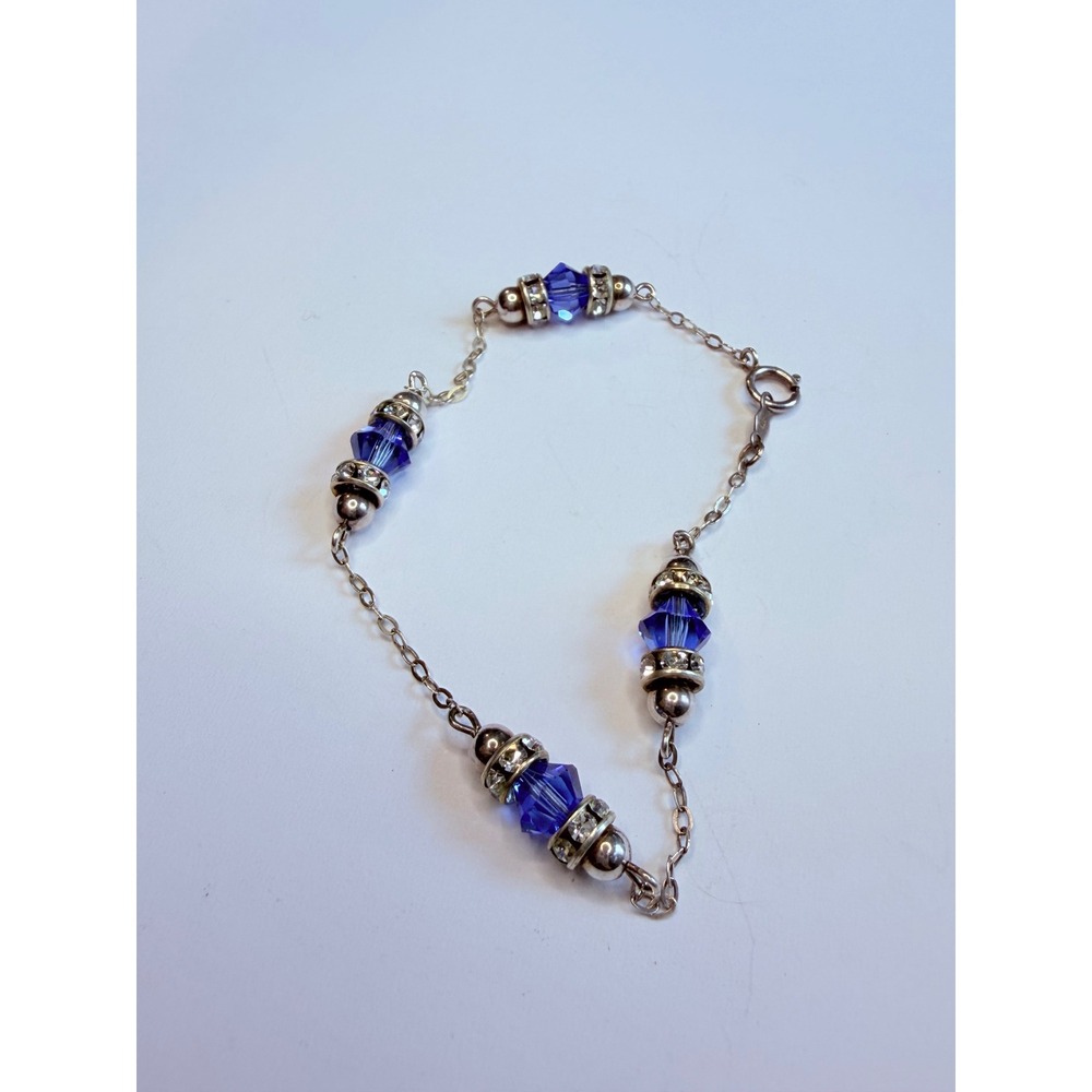 Sterling Silver 925 Blue Crystal Bead Bracelet Rhinestone Spacer 6.1/2